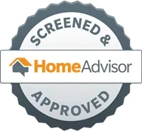 A circular badge with a gray and white color scheme. The outer ring contains the text "SCREENED & APPROVED". The inner section features the "HomeAdvisor" logo with an orange and white house icon to the left of the text, emphasizing its verified gate technicians.