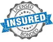 A seal or badge with a circular design contains the words "Licensed" at the top and "Bonded" at the bottom. A blue ribbon crosses the center, displaying the word "Insured" in bold white letters. The seal, ideal for gate repair businesses, also includes star decorations.