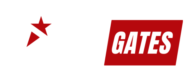 The image displays the logo for "All Gates" in Dallas, TX. The logo features a white star with a red star inside, followed by text that reads "ALL." Beside it, a red rectangle contains the word "GATES" in white. Below the logo, it says "DALLAS TX.