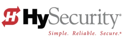 The image shows the HySecurity logo of a gate company. On the left, there's a stylized "H" with two arrows in opposite directions. To the right, the text "HySecurity" is written in black and gray. Below, it reads "Simple. Reliable. Secure." in red—perfect for ensuring repair needs are met effortlessly.