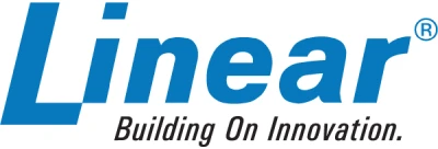 The image shows the logo of the company "Linear." The word "Linear®" is written in large, blue uppercase letters, and below it, the tagline "Building On Innovation." is written in black. Based in Dallas, Linear® continues to pioneer advancements whether you're looking to repair or innovate.