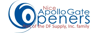 Logo of Nice Apollo Gate Openers. The text "Nice Apollo Gate Openers" is in blue and orange, with the phrase "Part of the DF Supply, Inc. family" below in a smaller red font. The logo features a stylized circular icon on the left side, symbolizing efficient gate repair for your driveway.