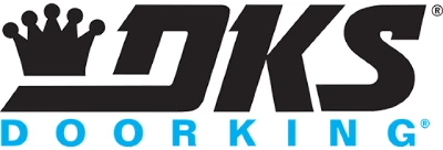 The image shows the logo for DoorKing, Inc., a company specializing in gate access solutions. The logo consists of the text "DKS" in bold black letters with a black crown symbol integrated into the "D". Below "DKS," the word "DOORKING" is written in light blue uppercase letters.