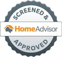 A circular badge with a dark gray border and the words "Screened & Approved" written in white. The center features the HomeAdvisor logo, with a stylized orange and gray house icon next to the text "HomeAdvisor," highlighting your go-to local company for all home repair needs.