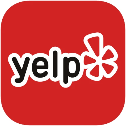 The image shows the Yelp logo, featuring the word "yelp" in lowercase letters with a black font and white outline. To the right of the text is a red flower-like starburst symbol. The background is a red square with rounded corners, making it perfect for searching repair services or finding gate experts in Dallas.