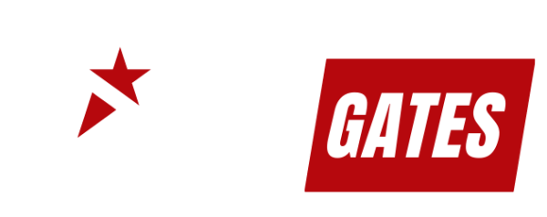 Logo for All Gates, a local repair company in Dallas, TX. The design features a large star with a red fill and white border, followed by the text "ALL" in white and "GATES" in red on a red rectangular background. Below the star, "DALLAS TX" is displayed in white.